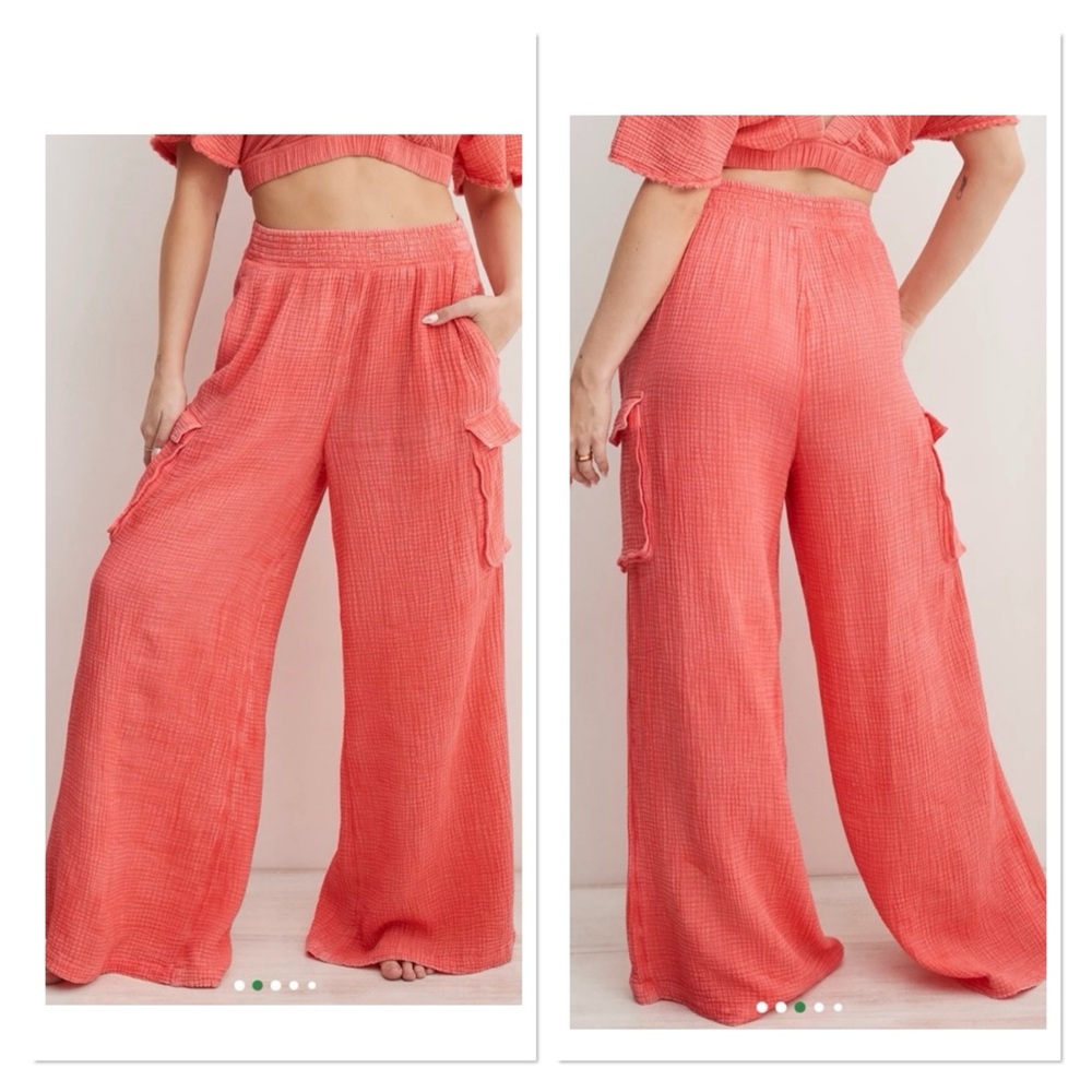 AEROPOSTALE Gauzy Crinkle Cotton Blue Wide-Leg Pants